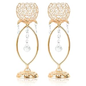 2 Pcs Gold Elegant Metal Crystal Tea Light Candle Holders with Bling Crystal Pendants, Hollow Design – Wedding Table Centerpieces for Anniversary Birthday Party, Home Decor