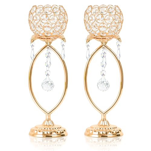 2 Pcs Gold Elegant Metal Crystal Tea Light Candle Holders with Bling Crystal Pendants, Hollow Design - Wedding Table Centerpieces for Anniversary Birthday Party, Home Decor