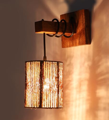 Image of AKWAY Rattan wall Lamps for Living Room | Bamboo wall Lights for Bedroom | Cane wall scones for Home Decoration (Bulb Not Included) (Raffia Hang)