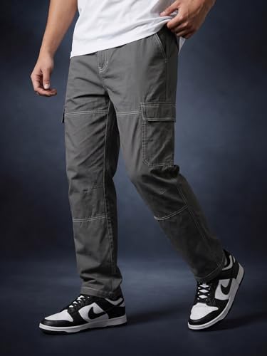 Image of Veirdo Men's Cargo Pants | Relaxed Fit Utility Trousers with Multi Pockets | Casual Streetwear Cotton Bottoms - Beige, Black & Grey| Sizes: S to XXL