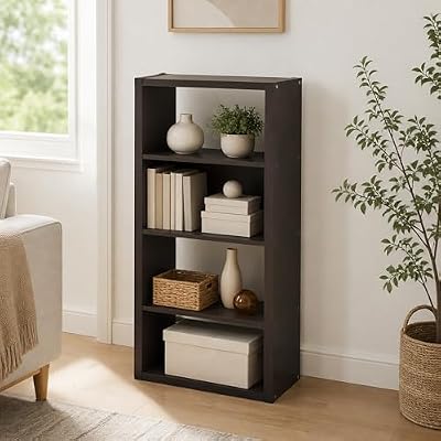 Furevol 4-Tier Bookcase, Bookshelf with Open Shelf, Book Shelf, 11.3 x 23.2 x 45.4, for Bedroom, Living Room, Home Office, Dark Oak