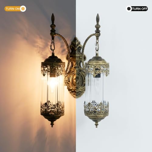 Image of Rustic Glass Wall Sconce Vintage Antique Gothic Wall Light Fixture Retro Farmhouse Mid Centry Lantern Wall Sconce for Bedroom, Living Room, Mirror, Brush Gold
