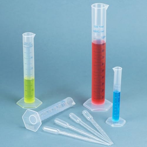 QWORK Measuring Cylinder Set - Graduated Polypropylene Cylinders with Droppers, 100 ml, 50 ml, 25 ml,10 ml Sizes, for Laboratory