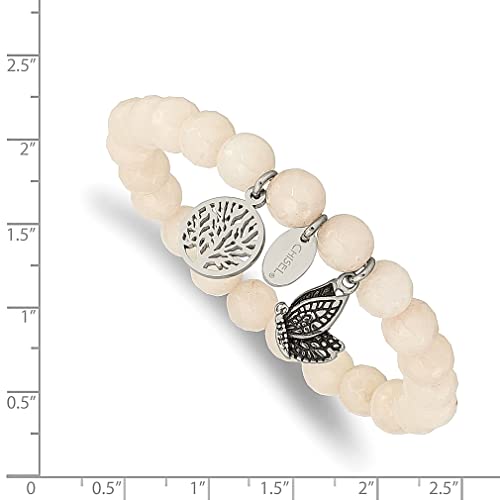 Ice Carats Stainless Steel Vintage Butterfly Tree Of Life 8Mm White Jade Beaded Stretch Bracelet Adjustable Wrap Natural Stone Shell Wood Fashion Jewelry For Women Gifts For Her #TOP2