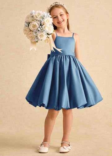 A-Line Spaghetti Strap Satin Flower Girl Dress Backless Junior Bridesmaid Dress Square Neck Knee Length with Bows2