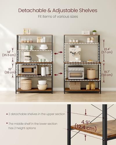 Image of VASAGLE Coffee Bar, 39.4 Inches Baker's Rack for Kitchen with Storage, 6-Tier Kitchen Shelves with 6 Hooks, Microwave Stand, Industrial, Rustic Brown and Ink Black UKKS039K01
