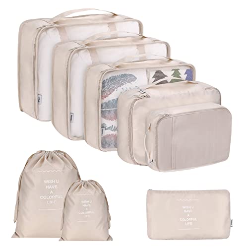 Brynnl Organisateur de voyage, 8 PCS Cubes Organiseurs de Bagage d'emballage de voyage pour valise Organisateurs d'emballage de bagages étanches Sacs de rangement Voyage Compression Valise (Beige) Cover