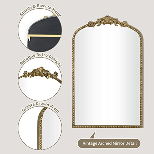 Casolly Arendahl Traditional Retro Gold Arched Wall Mirror, 24"X36" Carved Elegant Mantel Farmhouse Bathroom Mirror With Antique Ornate Frame, Baroque Inspired Home Decor For Vanity Bedroom Entryway #TOP3