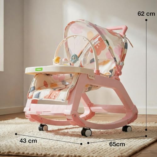 Image of Baybee Baby Rocker & Bouncer Chair for 0-3 Years | Baby Feeding Chair with Push Rocker Mode, Adjustable Canopy, Hanging Toys, 360 Wheels & 3-Point Safety Belt (Pink)