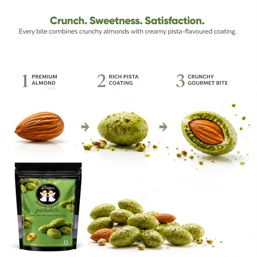 Image of DRIYOZ Pistabite Pista Flavour Chocolate Coated Almonds 250g | Premium Crunchy Badam with Rich Pistachio Chocolate Granules | Gourmet Sweet Nut Snack for Gifting & Snacking