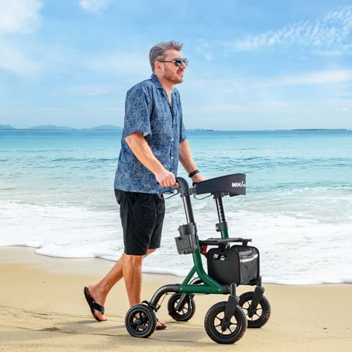 MAXWALK Walkers for Seniors, Rollator Walker with Seat, 10" Rubber Wheels All Terrain Rollator Walker with Backrest, Aluminum Walkers Built-in Cable, Foldable and Adjustable Height for Seniors, Green