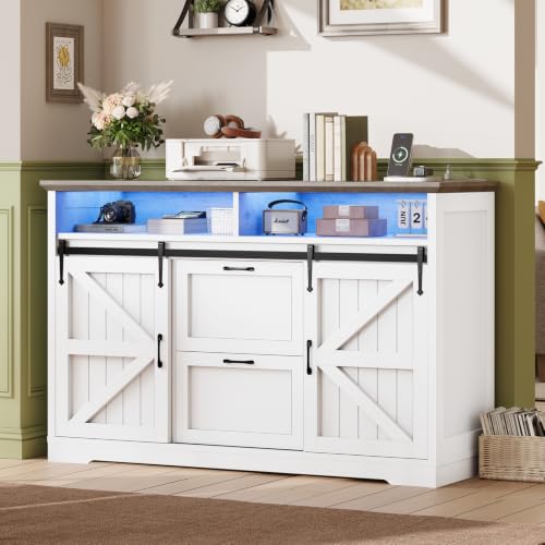 SEDETA 47.2" File Cabinet, 2 Drawers Filing Cabinets for Home Office fit Legal/Letter/A4 File, Farmhouse File Cabinet with Barn Door & Power Outlets, Printer Stand with Storage & LED Lights,