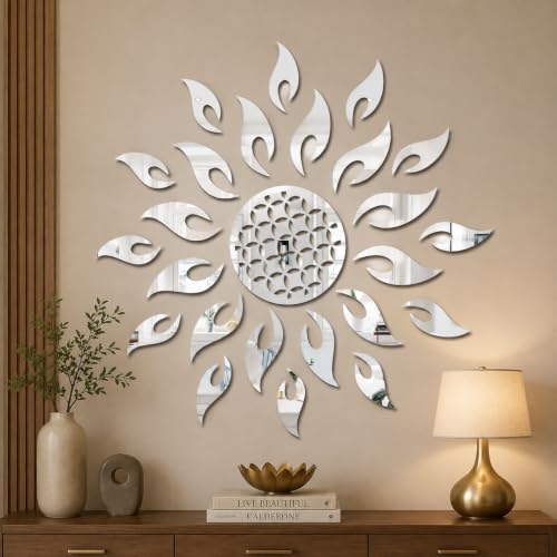 Image of Bikri Kendra -Mandala Sun 12 Flame Color Mirror Wall Stickers (Silver Mandala)