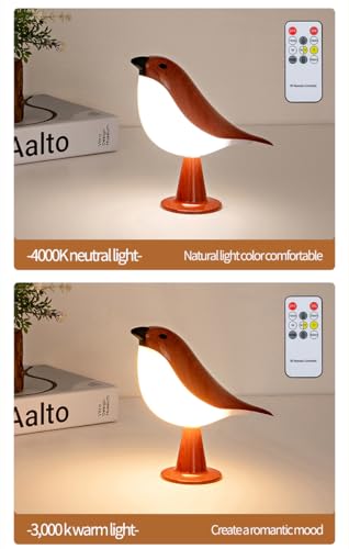Remote control bird desk lamp in mahogany color, rechargeable small desk lamp with 3 color temperatures, remote control and touch sensor, capable of playing bird calls, built-in battery drive — view 4