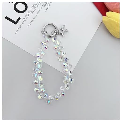 Crystal mobile phone wristband pendant keychain beaded, lanyard detachable with lanyard for women(White)