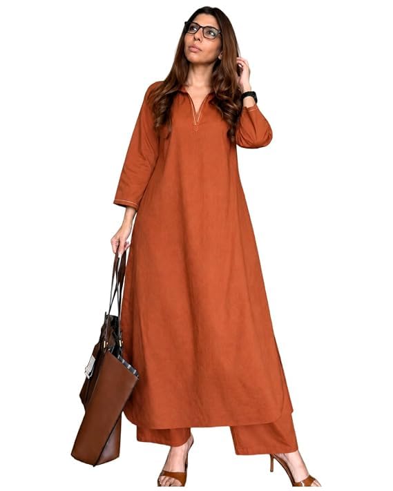anni designer Cotton Blend Solid Straight Kurta with Palazzo for Women | Cotton Blend Rust | 3/4 Sleeve | Shirt Collar | Ethnic Wear Casual Wear-picture-19