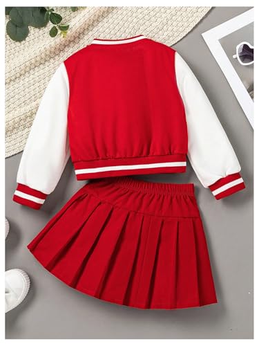 Image of MakeMeChic Girl's 2 Piece Outfits Color Block Long Sleeve Button Down Jacket and Pleated Skirt Set