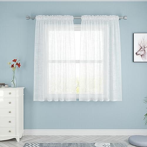 UPOPO White Sheer Curtains 45 inches Long Living Room Voile Kitchen Dining Curtain Sheers Basement 2 Panels Transparent Bedroom Drapes Linen Textured Rod Pocket Window Treatment Set by UPOPO - Used condition - US$6.88