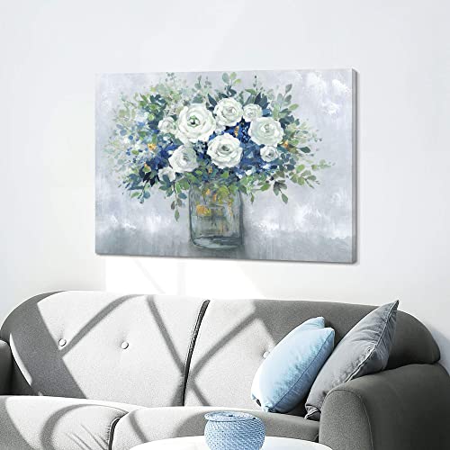 Living Room Flower Wall Art: Vintage White Rose Floral Painting Abstract Blossom Botanical In Vase Picture Heavy Texture Gold Foil Print Contemporary Gallery Artwork Decor For Bedroom Home Office #TOP3