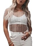 Cioatin Women Rhinestone Pearl Sheer Mesh Short Sleeve Sparkle Tops Y2K Sequin Beaded Crop Top Glitter See Through Shirt, Medium
