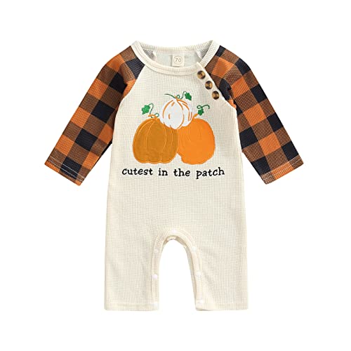 FIOMVA Newborn Baby Girl Boy Halloween Outfit Pumpkin Long Sleeve Romper Onesie Cotton Linen Jumpsuit Fall Winter Clothes