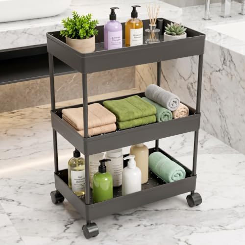 Image of TEX-RO Plastic Storage Rack for Bedroom | Shelf for Bedroom | Bathroom Storage Rack | Trolley for Kitchen Storage | Multipurpose Storage Rack (Black, 3 Layer)