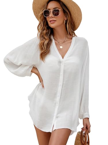 Verdusa Women's Button Up Cover Up Shirt V Neck Long Sleeve Kimono