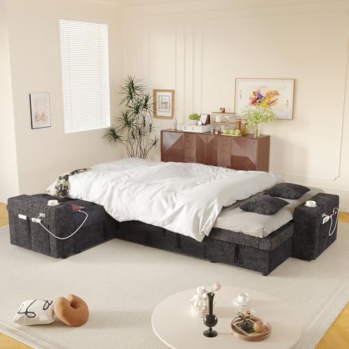 Image of Modular Sectional Sleeper Sofa with Pull Out Bed, 108 Inch U Shaped 7 Seat Couches for Living Room, Chenille Fabric Cloud Couch Bed with Storage, Reclining Backrest, USB Charging, Luxury Black