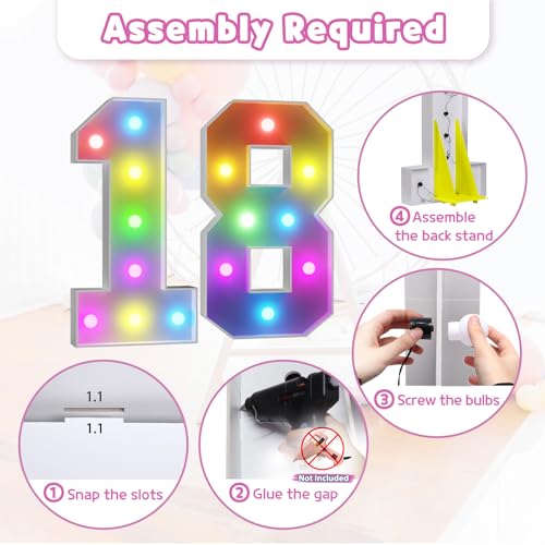 Image of Colorful 3FT Marquee Numbers Light up Numbers 18 Birthday Decoration | RGB with Remote, Party Decorations Anniversary Wedding Decorations Assembly Required Foam Board 38 Pcs Accessory Set