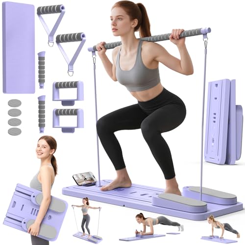Multifunctional Pilates Board, Pilates Reformer Sets 7-in-1 Foldable Pilates Reformer Machine for Home Workout with Timer, Phone Holder, Push-up Bar, Ab Board, 330LBS Capacity Portable Set