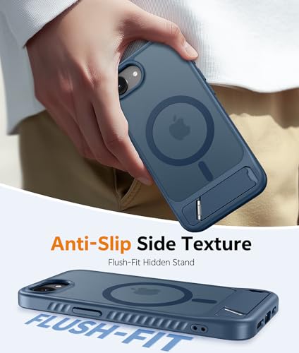 Image of FNTCASE for iPhone 16E Phone Case: [Magnetic Stand] [Compatible with Magsafe] Translucent Matte Military Grade Shockproof Drop Rugged Protective Phone Cover, Blue
