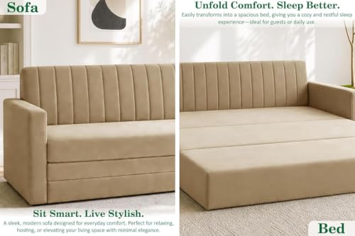 Image of 3 Seater Sofa Cum Bed with Armrest, Velvet Fabric Sofa for Living Room, Space Saving Foldable Sleeper Sofa, (Golden)