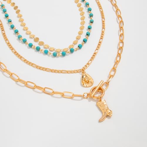 Layered Boho Necklaces for Women Turquoise Western Jewelry for Women Cactus Ox-Head Cross Hat Boots Country Necklace Stack Cowboy Cowgirl Necklace Bohemian Concert Outftis for Women Western Accessories Summer Beach Jewelry3
