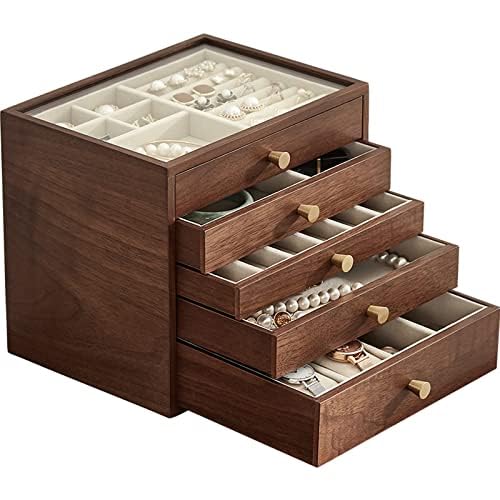 CHOSIN Black Walnut Wooden Jewelry Box for Women, 5 Level Drawer Organizer Box with Glass Lid to Store Necklaces, Watch, Necklace, Ring, Earring Storage Gift Case for Girls