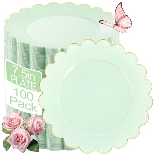 LIYH 100 Pcs Sage Green Plates Scalloped Plastic Dessert Plate Gold Rim - 7.5 Inch Heavy-Duty Leak Proof Appetizer Plastic Plates for Birthday Wedding Holiday Party Self-Service Table Decor