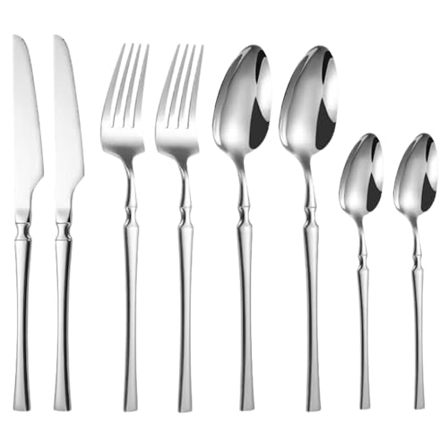 Image of aDai Sterling Silver Silverware Set | Satin Finish 8-Piece Korean Vintage Style Flatware Set | Dishwasher Safe Stainless Steel Cutlery for Home, Restaurant & Gifting