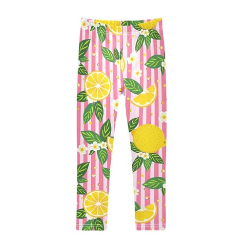 Lemon Flower Pink Stripe Girls Leggings Soft Stretch Workout Yoga Dance Pants for Kids Casual Tights