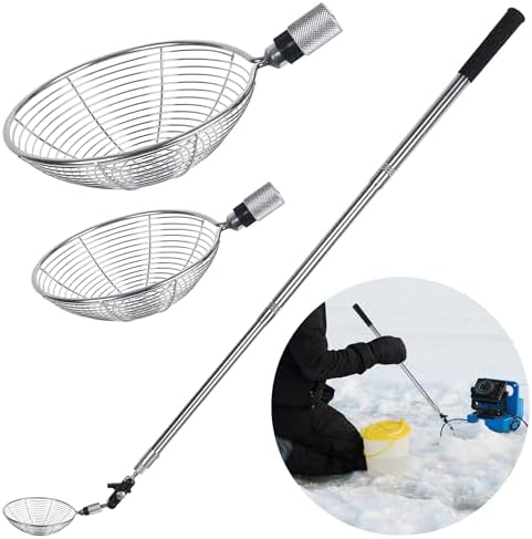 UYEDUJZ 360° Adjustable Ice Fishing Scoop Skimmer, 2 Sizes Stainless Steel Ice Fishing Scooper with Retractable Long Handle, Ice Fishing Gear Accessories for Scooping Out Ice While Winter Fishing