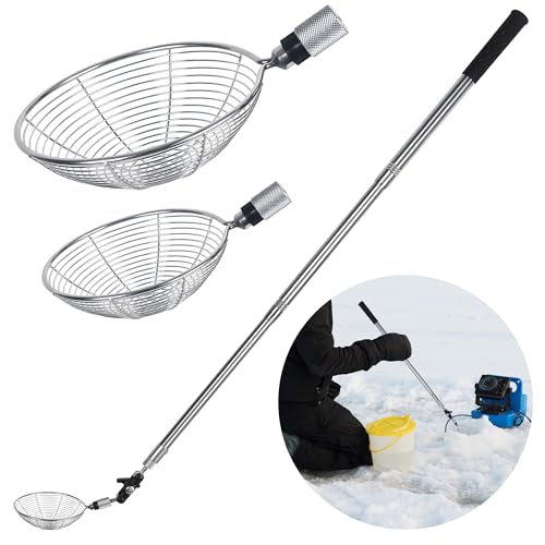 UYEDUJZ 360 Adjustable Ice Fishing Scoop Skimmer 2 Sizes Stainless Steel Ice Fishing Scooper with Retractable Long Handle Ice Fishing Gear Accessories for Scooping Out Ice While Winter Fishing