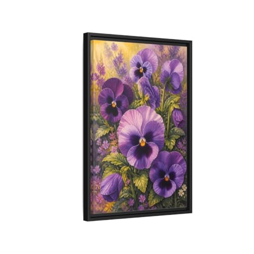 Toile florale pensées violettes au-dessus de la cheminée du salon