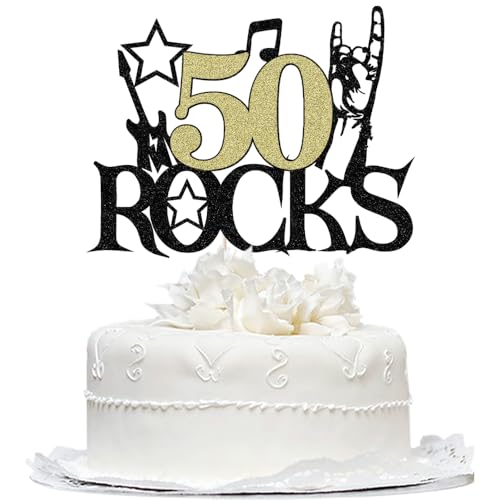 Bekaterea 50 Rocks Guitar Cake Topper,Rock'n'Roll Theme/Musical Entertainment Birthday Party Decorations/50th Birthday/anniversary Theme Party Decoration