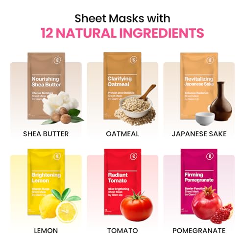GLAM UP Korean Facial Sheet Mask 12 Combo Pack | Hydrating&Moisturizing Glass Skin | Soothing Korean Skincare for All Skin | New year pampering spa gift for women & teen girls
