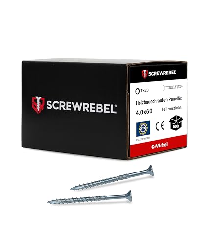 SCREW REBEL® Holzbauschrauben 4,0 x 60 mm [200 Stück] – Spanplattenschrauben hell verzinkt mit Reibteil & Cut-Spitze – TX20 Antrieb – Holzschrauben mit ETA-Zulassung – CrVI-frei & korrosionsbeständig