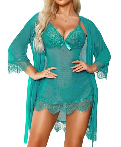 RSLOVE Sexy Dessous für Damen Spitzen-Babydoll mit Morgenmantel Nachtkleid Nachtwäsche Blau Grün XXL