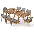 HAPPYGRILL 9-Piece Acacia Wood Outdoor Dining Set for 6-8, Expandable Patio Table and Chairs Set with 1.97” Umbrella Hole, Breathable Fabric Seat, Dining Furniture Set for Backyard, Garden, Deck