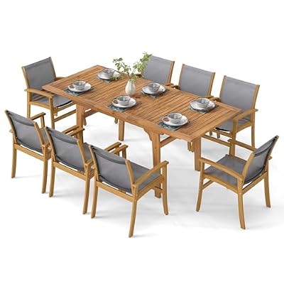 HAPPYGRILL 9-Piece Acacia Wood Outdoor Dining Set for 6-8, Expandable Patio Table and Chairs Set with 1.97” Umbrella Hole, Breathable Fabric Seat, Dining Furniture Set for Backyard, Garden, Deck