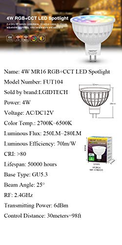 LGIDTECH FUT104 Miboxer 4W MR16 Led 2.4GHz Bulb Spotlight GU5.3 Socket AC/DC 12V RGB+CCT Color and Temperature Changeable Dimmable,But Single Bulb Wouldn't Work.Controller and Hub is Sold Separately - Image 2