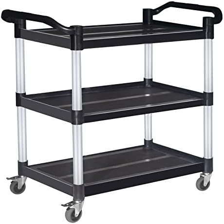 Abacad Plastic Utility Cart with Wheels Lockable, Heavy Duty Restaurant Cart, Service Cart for/Home/Office/Warehouse/Kitchen/Workshop,390 Lbs,2 Handles, Black.