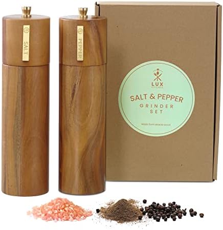 LUX KITCHEN Wooden Salt And Pepper Grinder Set - Manual Salt And Pepper Mill & Seasoning Shaker - Rustic Design, Engraved Screw Knobs, Gold Details - Strong Acacia Wood, Stainless Steel & Ceramic - 8"