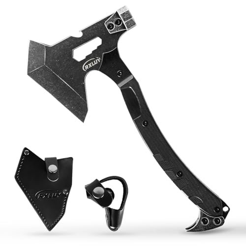 RXLUY Tactical Axe with G10 Handle Camping Survival Hatchet Multifunctional Outdoor Hiking Heavy Duty Full Tang Tomahawk Tools with Hammer Unique Design Crowbar Leather Sheath (Black)